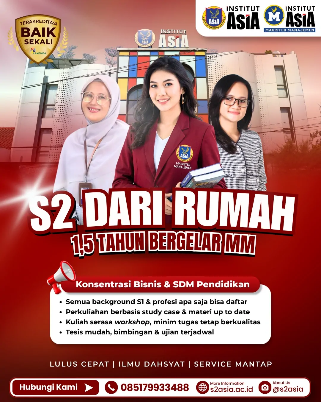 Flyer pendaftaran S2 Magister Manajemen Institut ASiA Malang kuliah S2 dari rumah 1.5 tahun