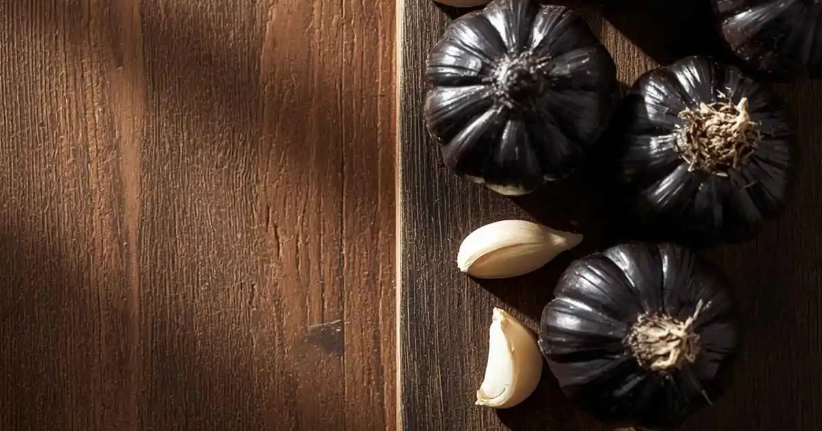 Sebulir black garlic utuh dan siung hitam yang sudah dikupas di atas talenan kayu, ilustrasi manfaat black garlic untuk pria