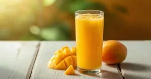 Segelas jus mangga segar tanpa saring di atas meja kayu dengan mangga utuh dan irisan mangga matang, ilustrasi manfaat jus mangga untuk tubuh